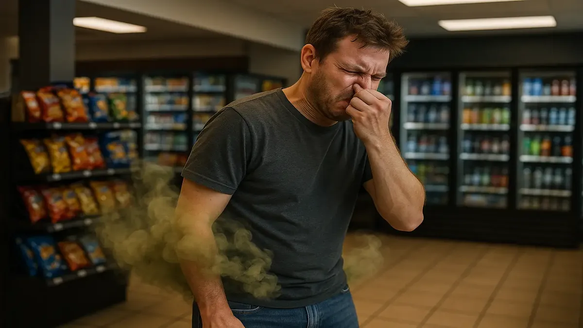 A humorous depiction of a person in distress from bad food, surrounded by cartoonish stink clouds.