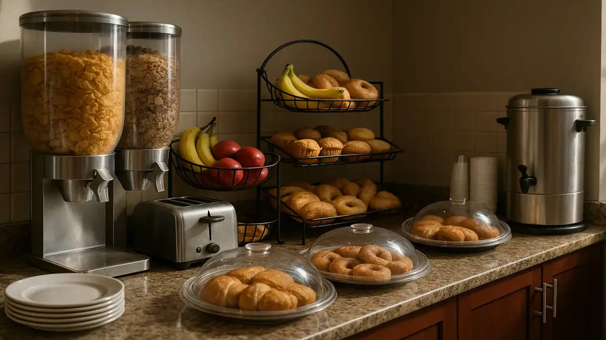 Hotel breakfast setup before guests arrive, showcasing a cozy dining area with morning light.