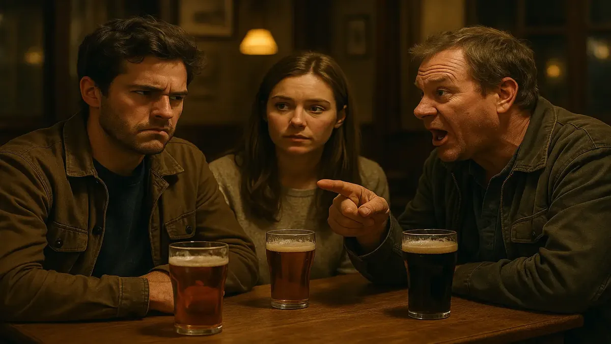 Uncle Kevin sharing stories at a pub with family, capturing his humorous misadventures in a photorealistic style.