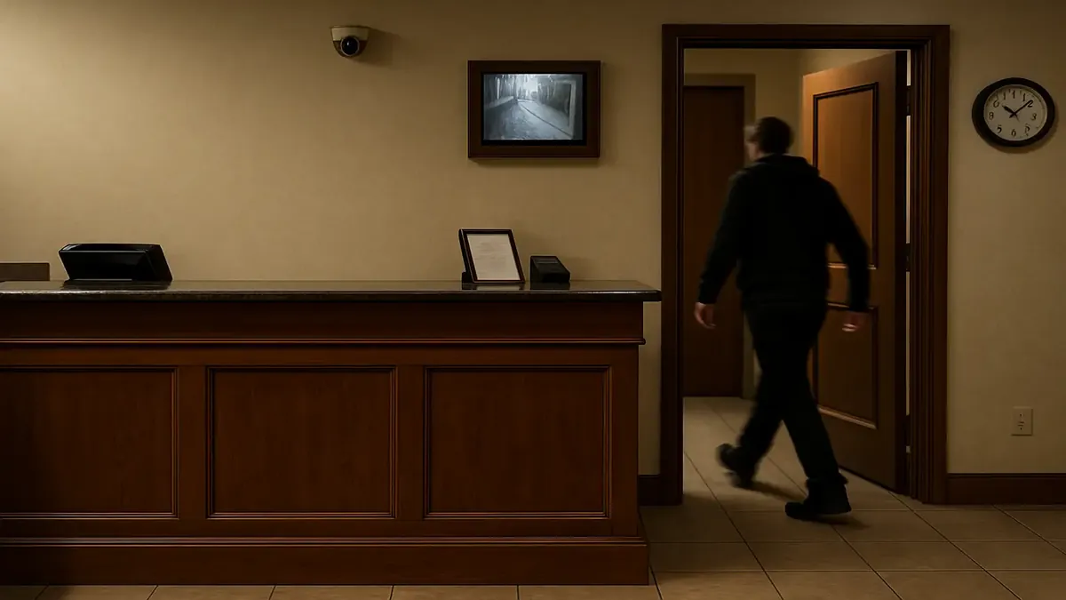 A front desk at night, highlighting caution against unauthorized access and privacy concerns.