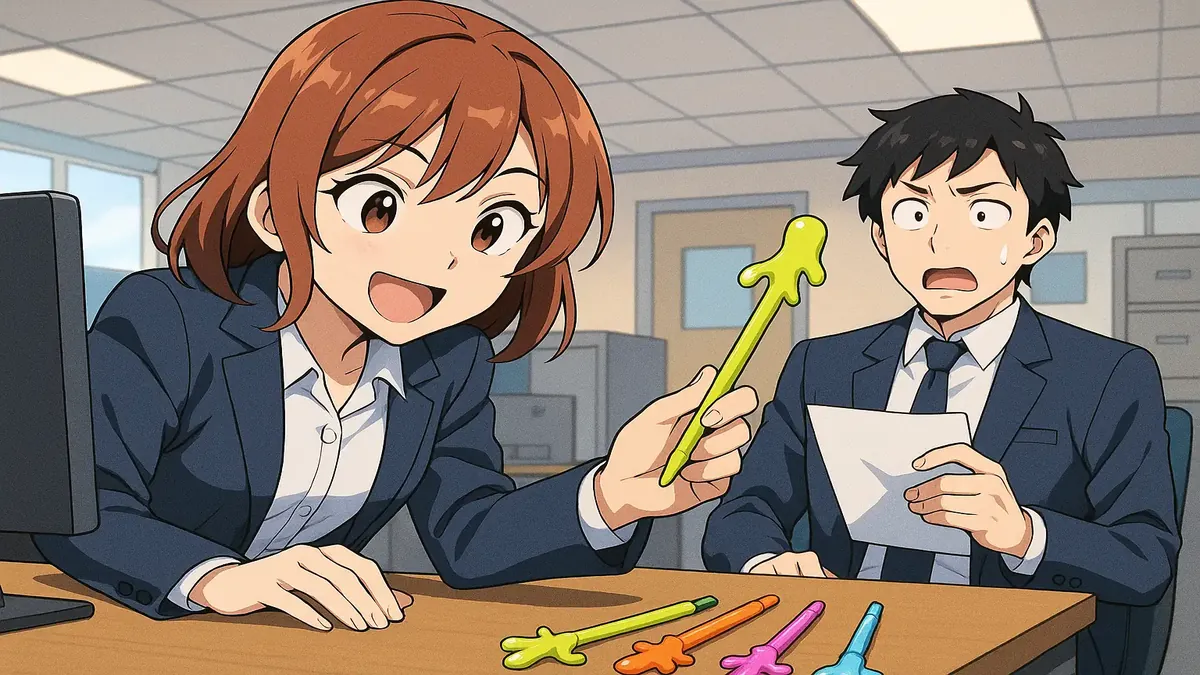 Anime-style illustration of a desk with unique pens, highlighting a playful office prank on a coworker.