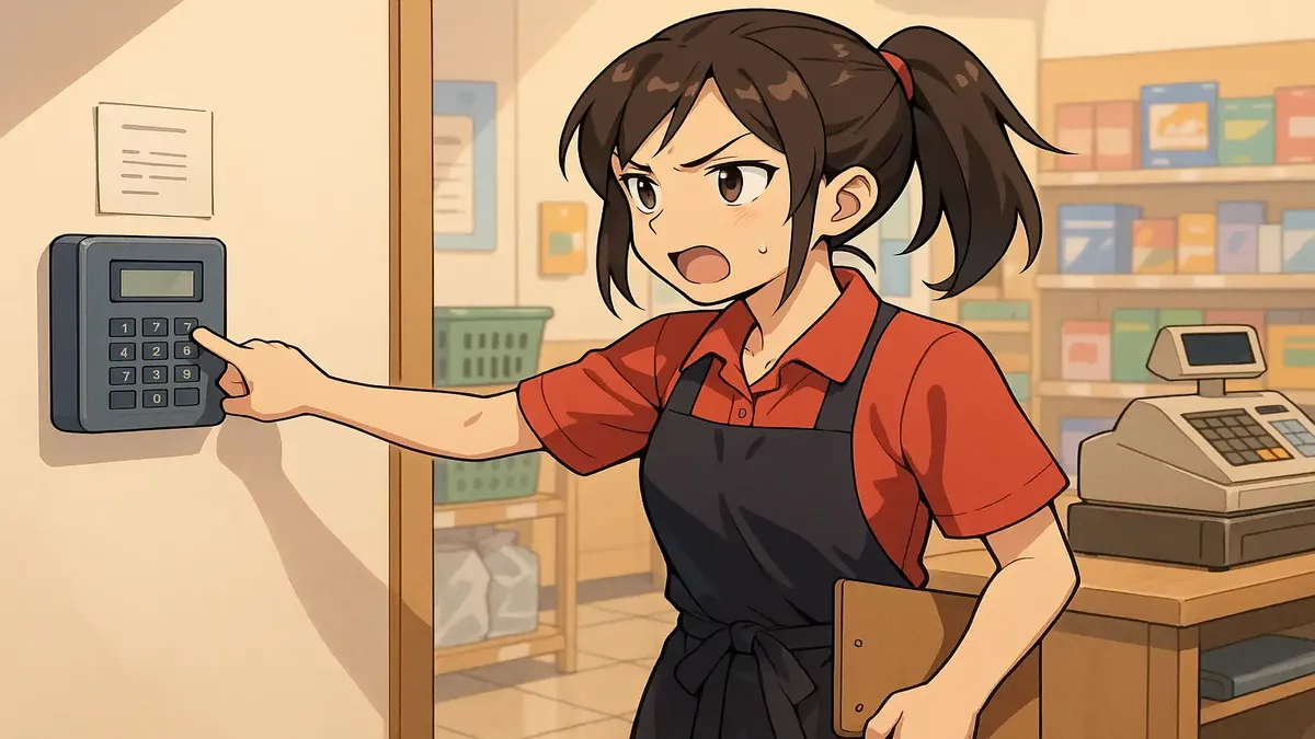 Anime illustration of a retail worker clocking out at the register, expressing frustration with management rules.