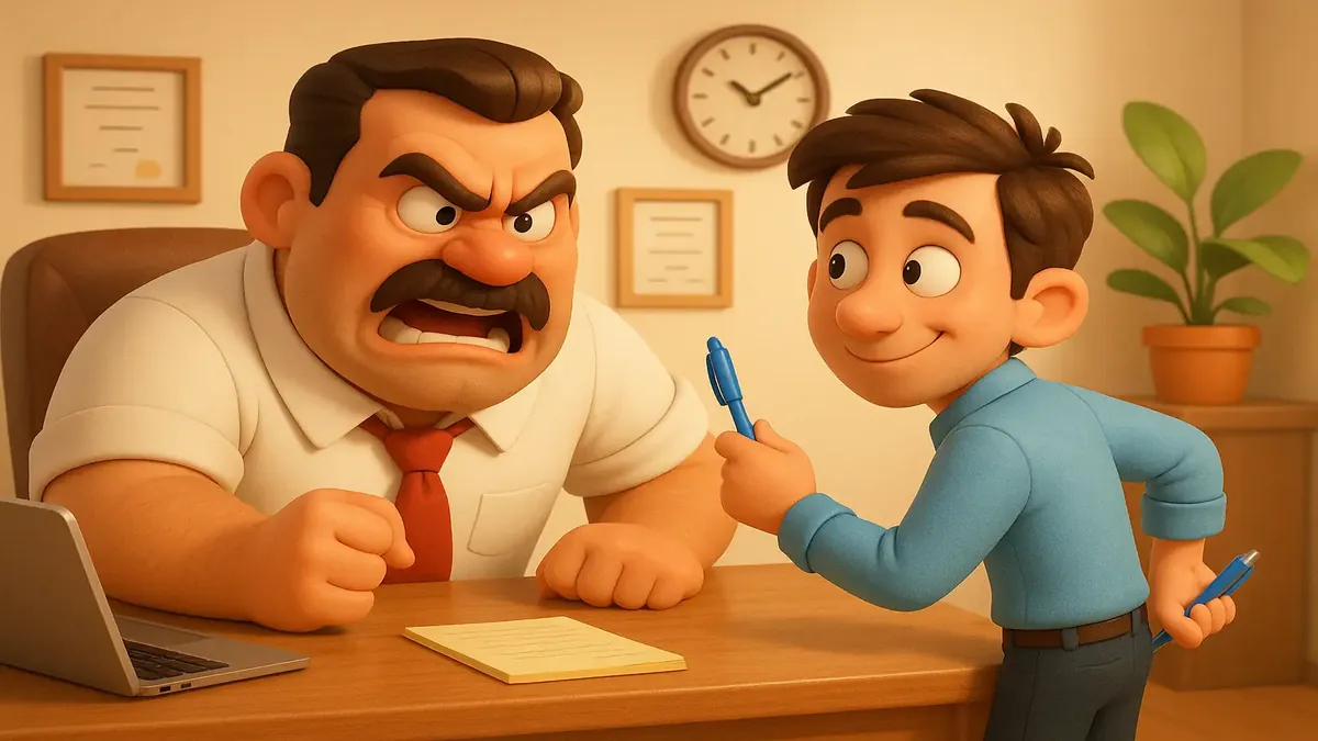 Cartoon-3D illustration of a narcissistic boss stealing pens in an office setting, highlighting workplace absurdity.