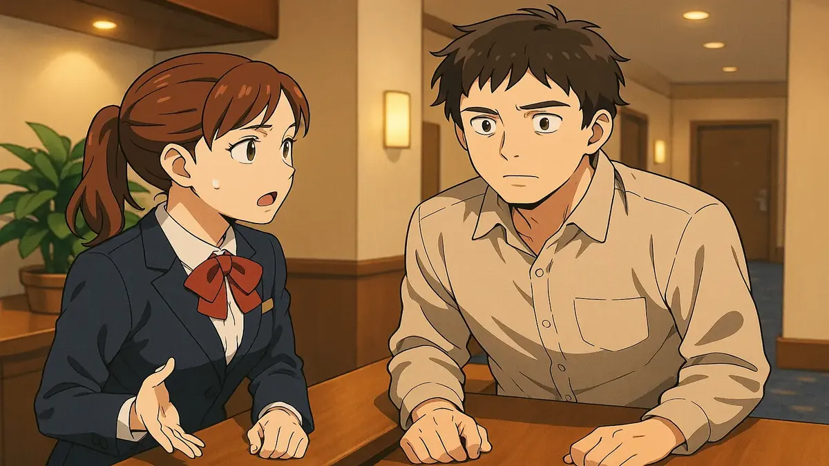 Anime-style illustration of a confused hotel guest speaking to the front desk staff about a complaint.