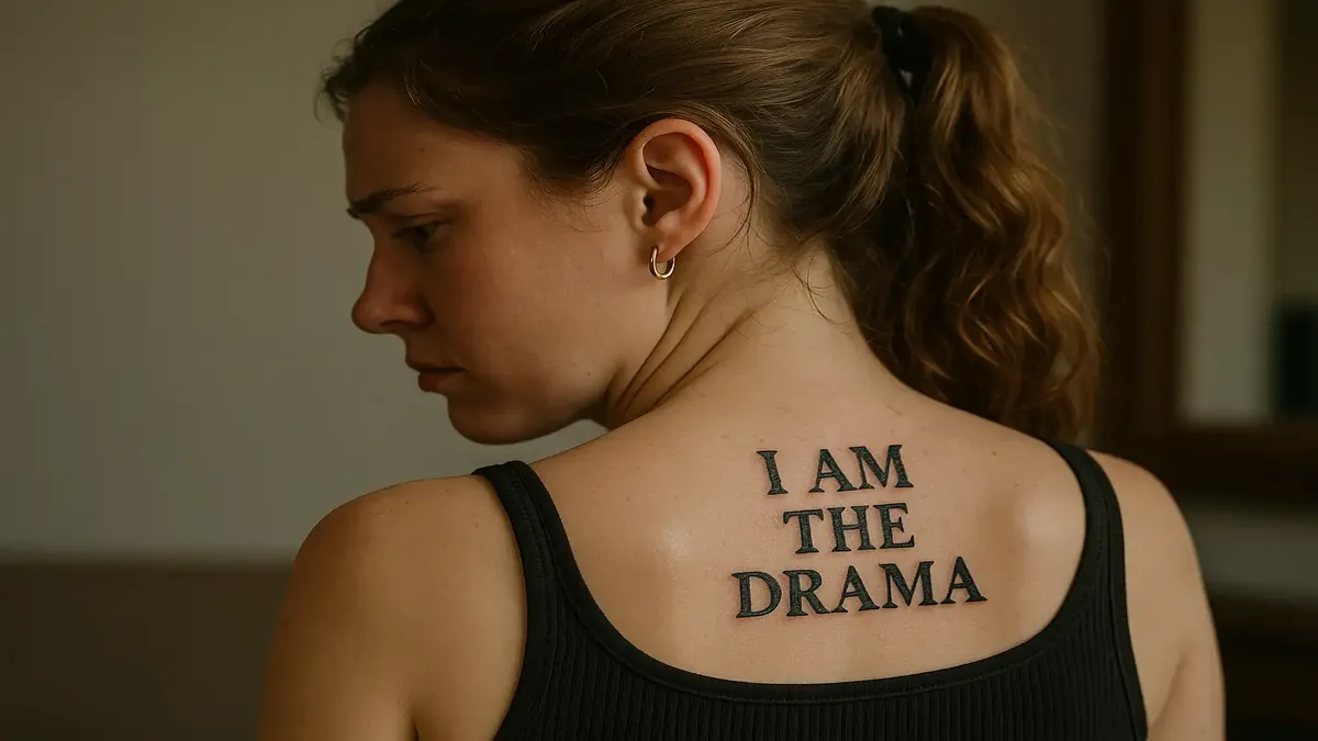 A young woman shows off her new tattoo inspired by a friend's lie, surrounded by colorful tattoo studio decor.