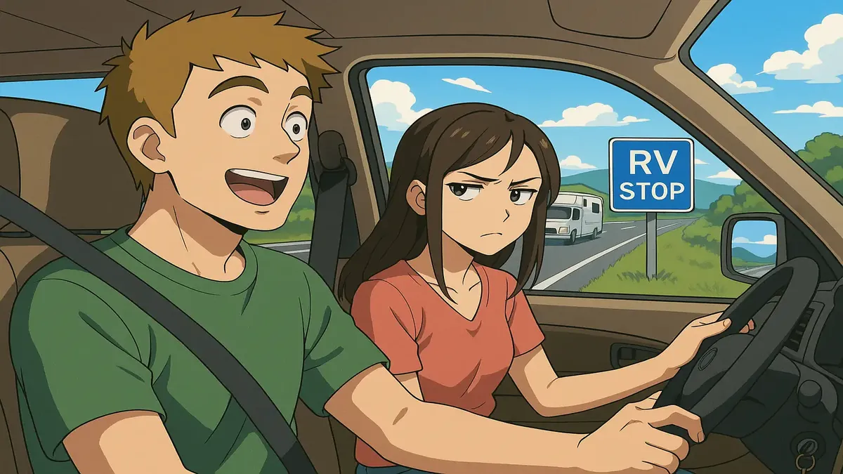 Anime-style illustration of a couple in an RV on a highway, capturing a humorous road trip moment.
