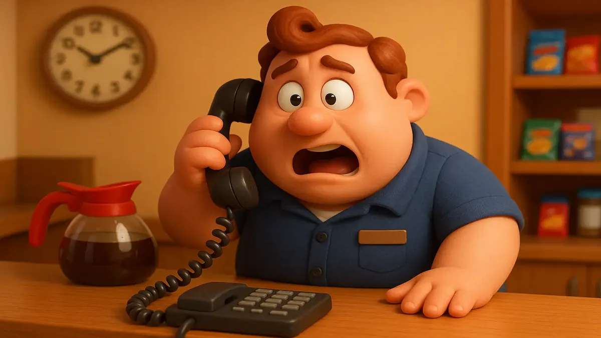 Cartoon-3D image of a surprised baker receiving a quirky phone call about an unusual baking request.