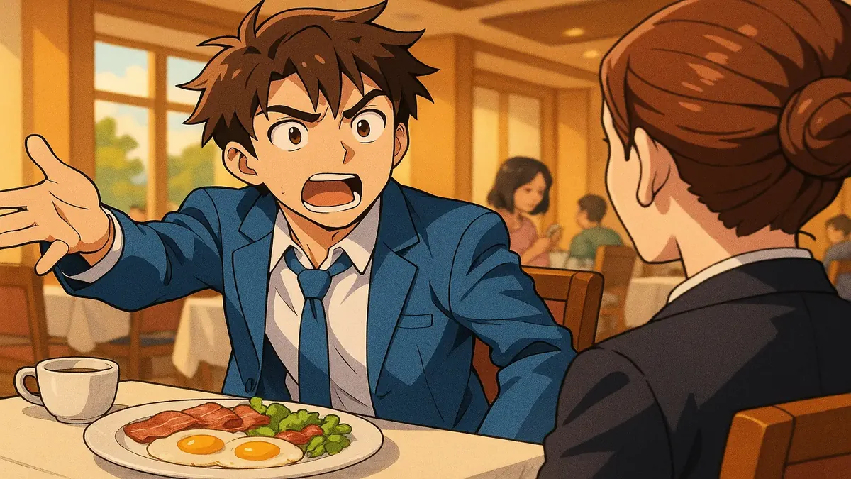 Anime-style illustration of guests discussing breakfast confusion at a luxury property.