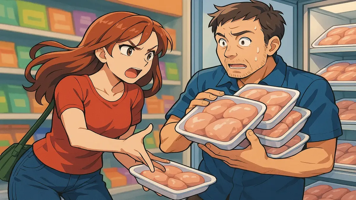 Anime-style illustration of a shopper with chicken packs, reflecting rising food prices in the US.