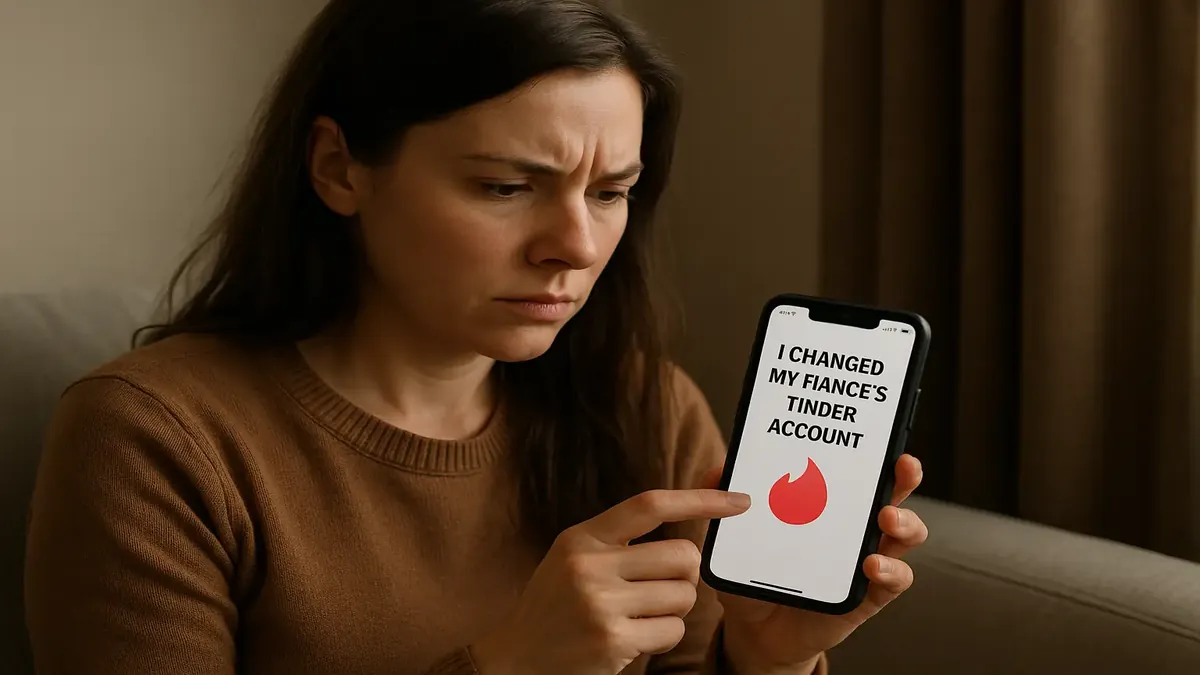 Woman changing fiancé's Tinder profile, reflecting heartbreak and betrayal before a wedding.