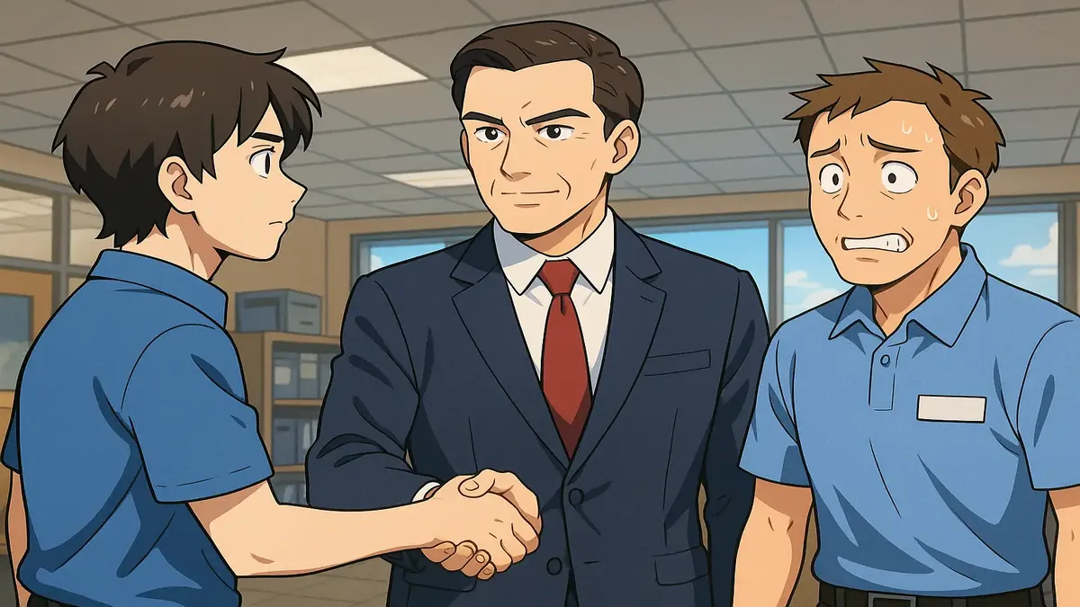 Anime illustration of a nervous employee avoiding the Regional Manager at Rent-A-Center, conveying workplace tension.