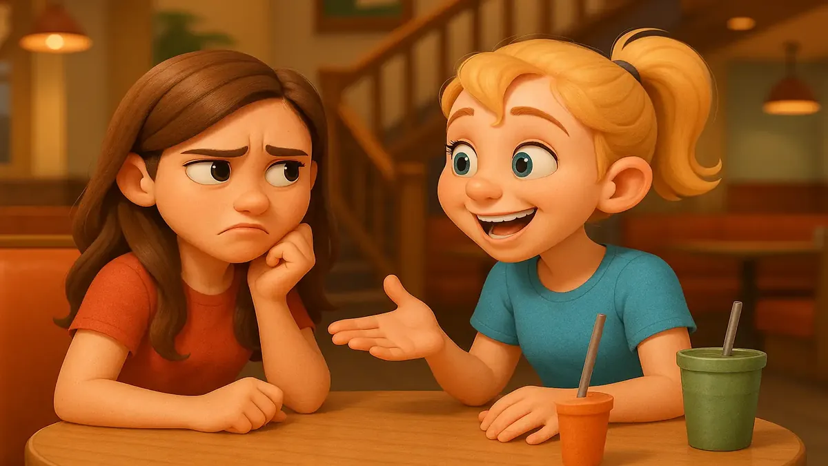 Cartoon-style illustration of two friends laughing together at a restaurant, showcasing their close bond.