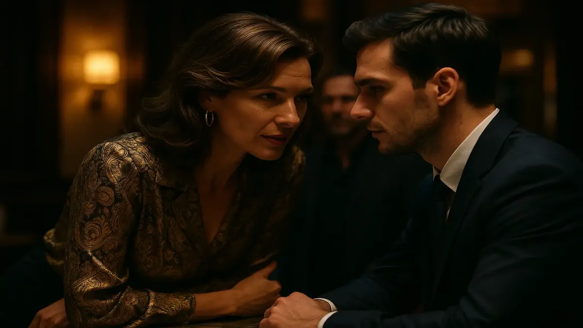 A handsome front desk clerk receives an unexpected compliment from a glamorous woman in a cinematic hotel setting.