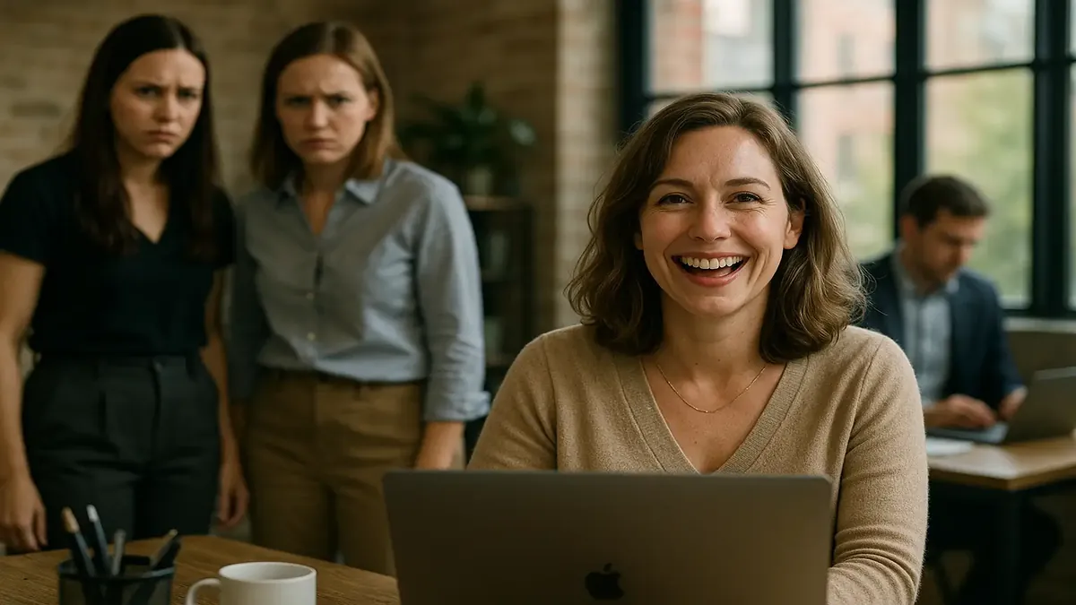 Two coworkers scheming in an office, illustrating workplace rivalry and the pursuit of happiness.