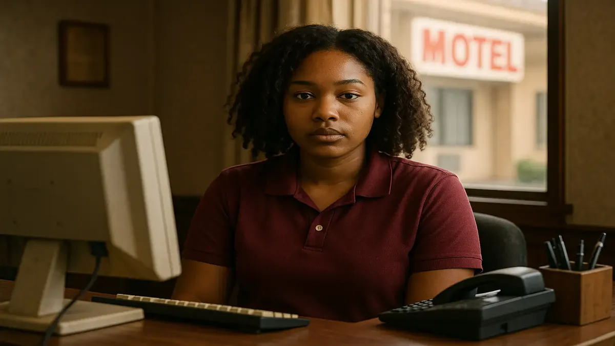 Young employee at a motel smiling during a solo shift, showcasing a welcoming atmosphere.
