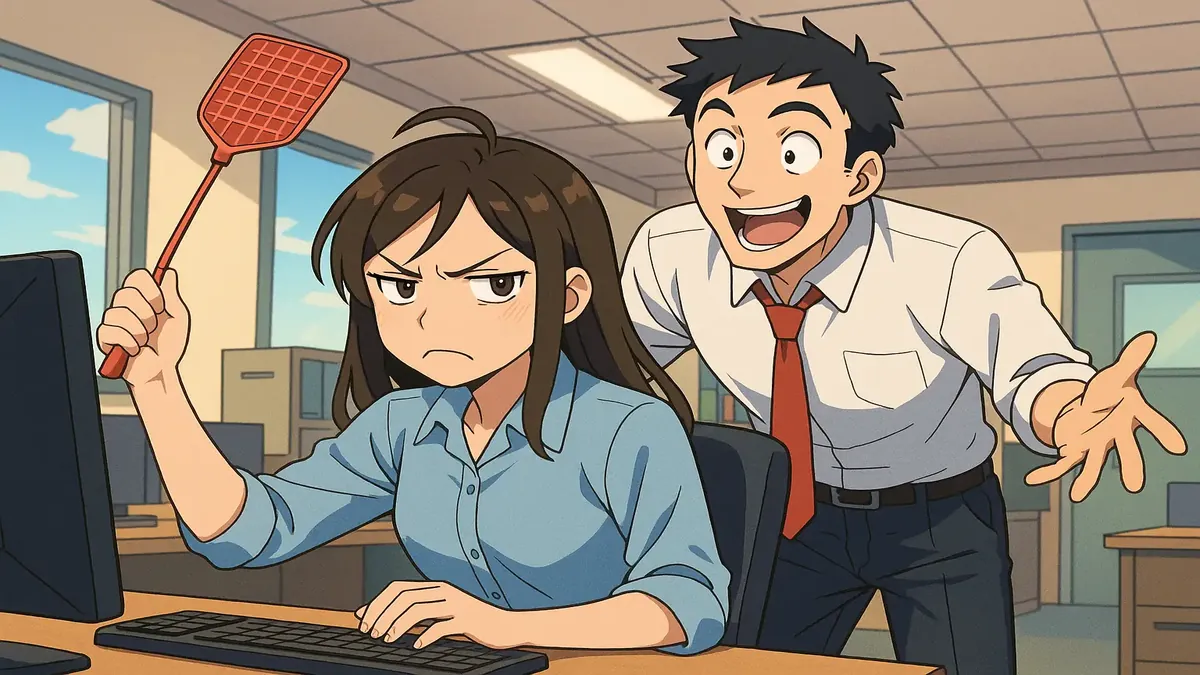 Anime-style illustration of frustrated coworker dealing with annoying colleague at work.