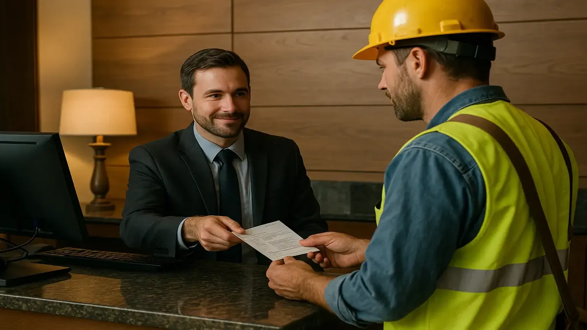 Group of contractors checking in at a hotel for third-party reservations, showcasing teamwork and travel convenience.