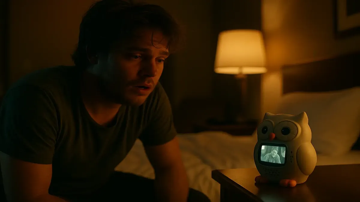 Owl-shaped baby monitor used for pranks on drunk hotel guests during night shifts.
