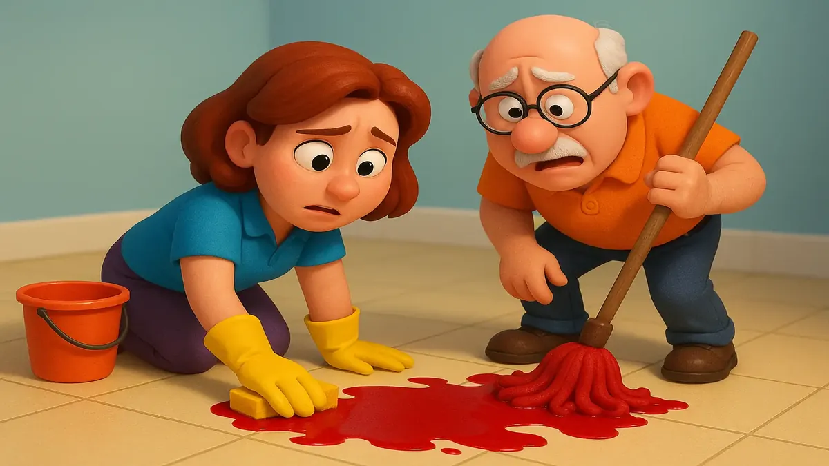 Cartoon 3D depiction of a chaotic scene with blood stains on the floor, symbolizing a busy hotel environment.