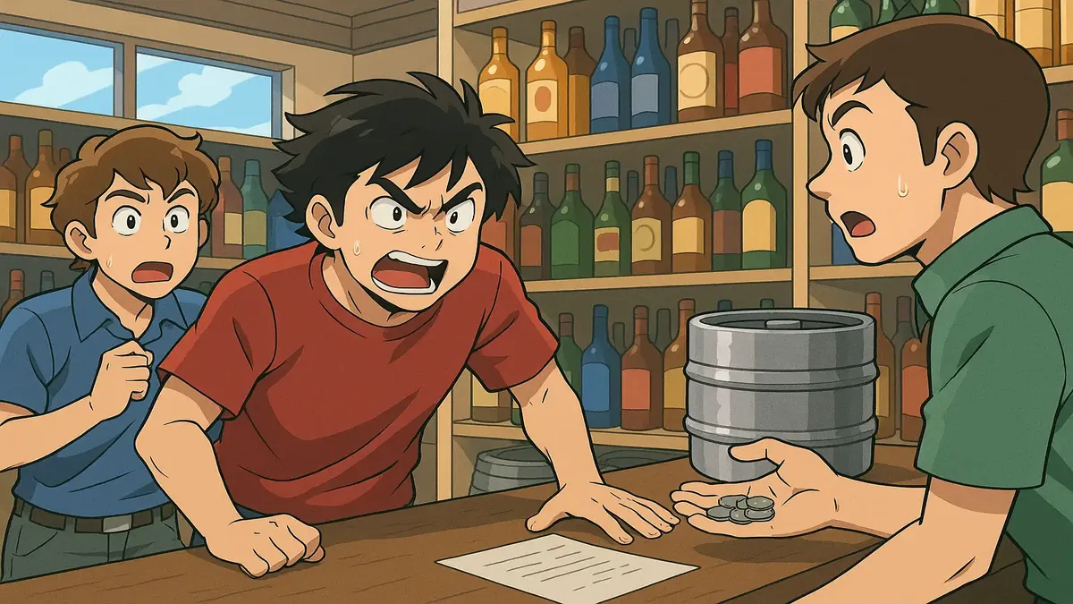 Anime-style illustration of friends buying a keg at a beer store, reminiscing about cash transactions from the past.