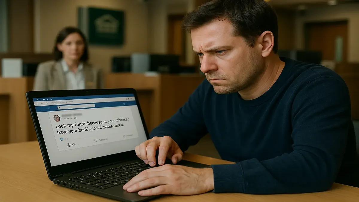 Frustrated customer at a bank ATM, showcasing the issues with local credit unions and banking mistakes.