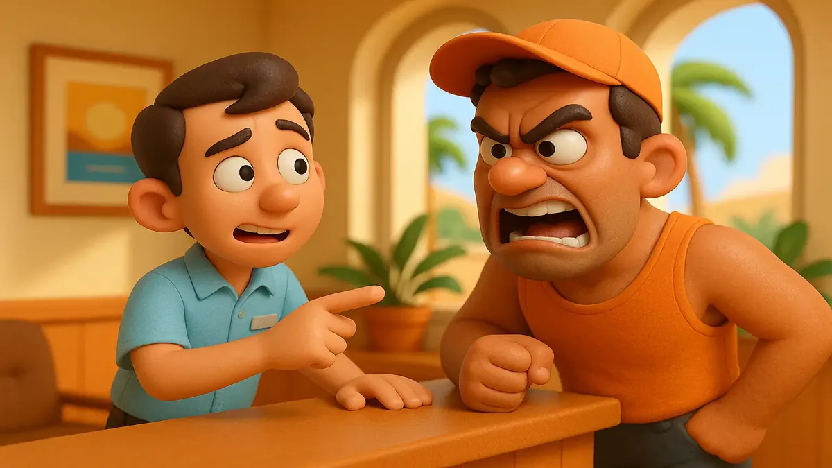 Cartoon 3D image of an angry hotel guest at the front desk demanding towels.