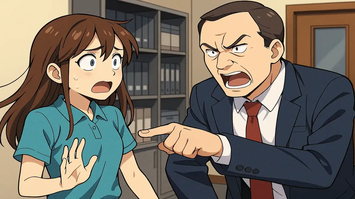 Anime illustration of a surprised employee in a retail setting, reflecting on a manager's criticism.