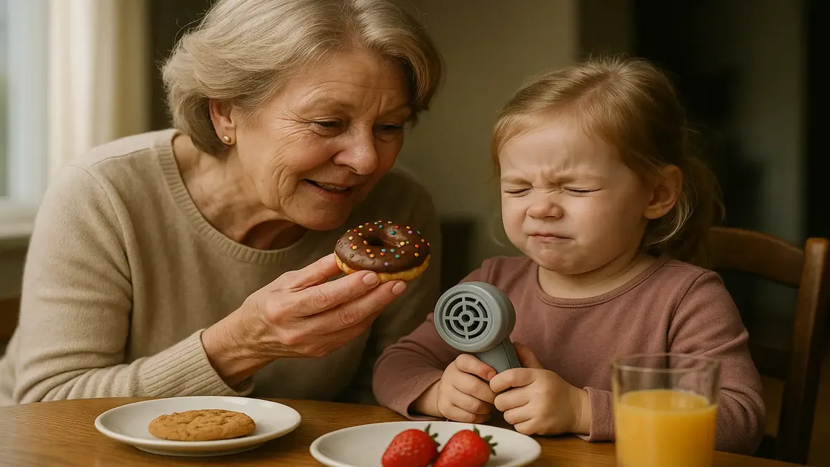 Grandma playfully ignoring food boundaries with grandkids surrounded by sweets and a fart machine.
