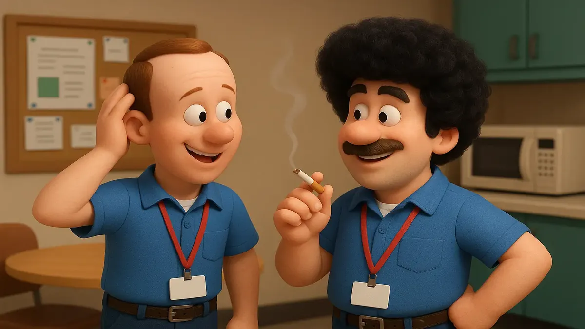 Cartoon-3D illustration of men wearing wigs due to strict hair length dress code at a 90s warehouse.