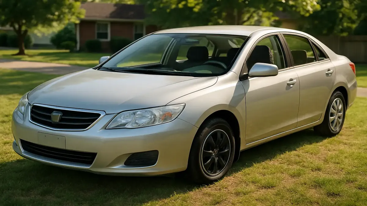 New car with aftermarket mats and seat covers parked in a sunny driveway, showcasing personal attachment and style.