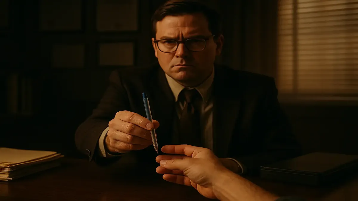 A cinematic scene of a frustrated employee holding a single pen, symbolizing workplace stinginess.