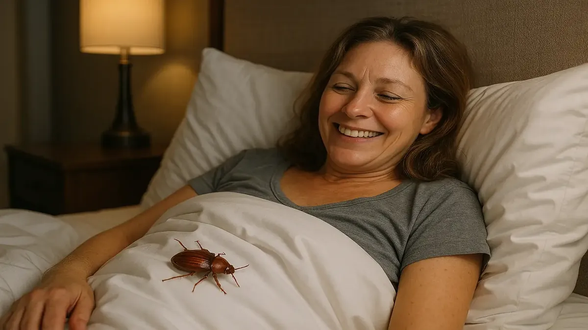 Photorealistic image of bedbugs on a hotel bed, highlighting the irony of luxury stays attracting pests.