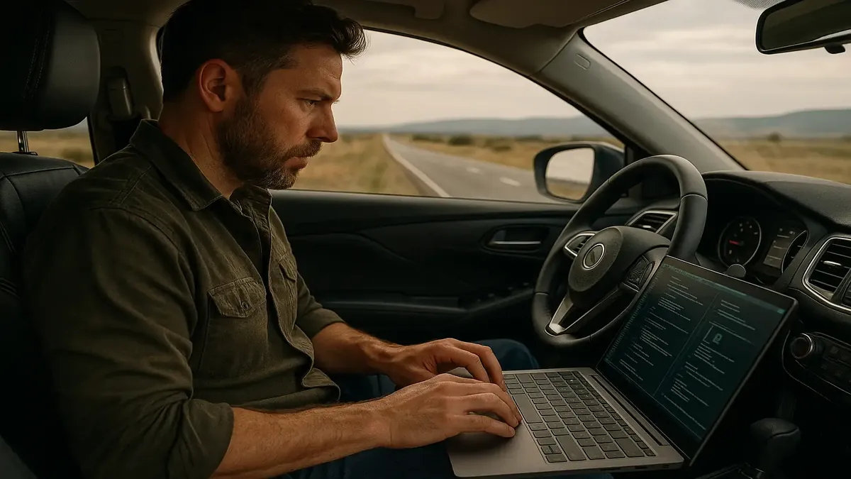 Cybersecurity consultant working on a laptop during a road trip, showcasing tech in travel settings.