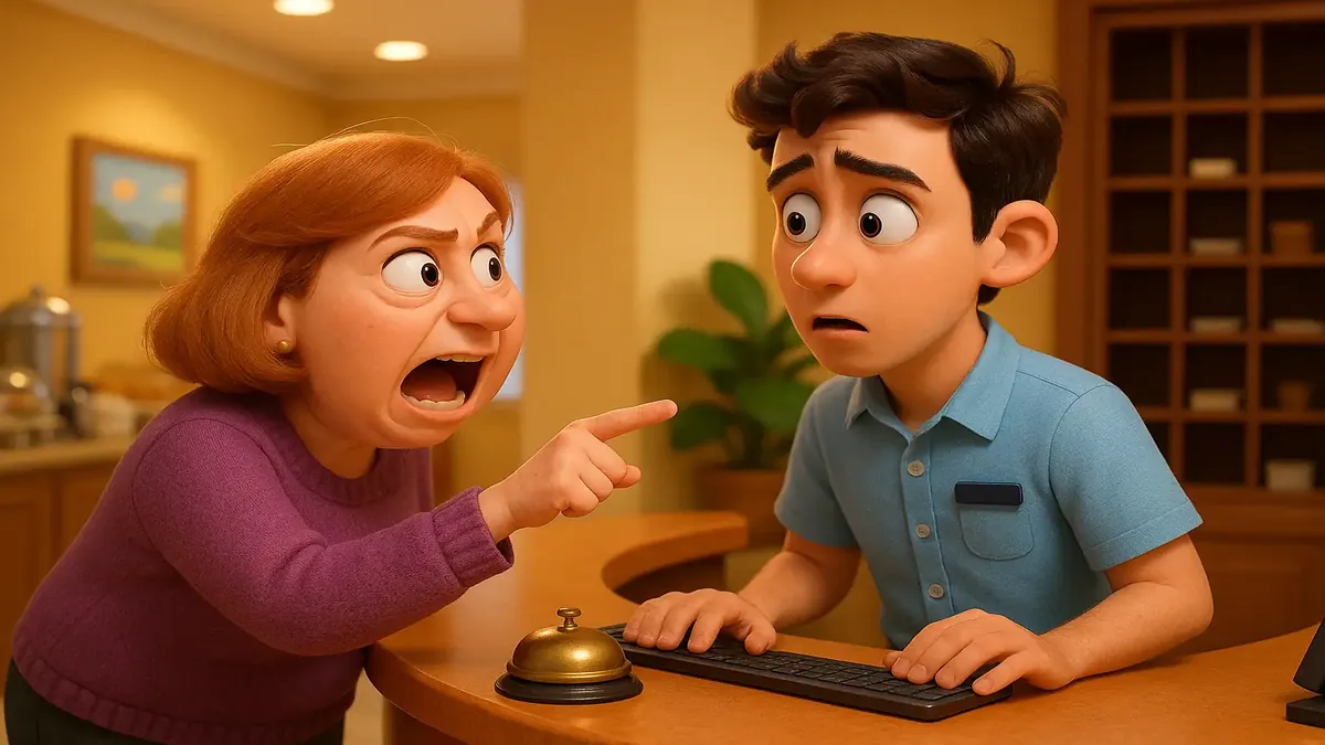 Cartoon-3D image of a chaotic hotel breakfast scene with a surprised staff member and a customer giving unsolicited advice.