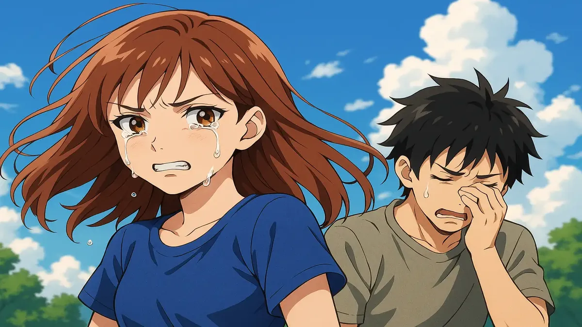 Heartbroken anime character reflects on emotional struggles in a relationship with drama and challenges.