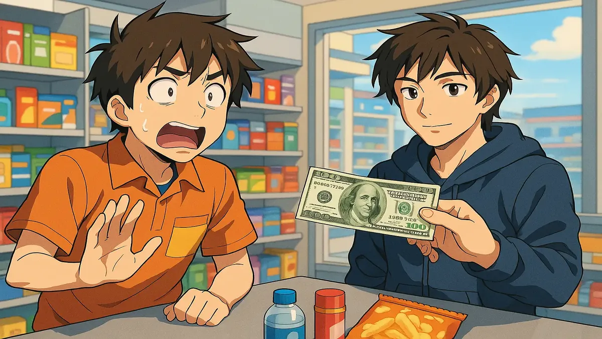 Anime-style illustration of a convenience store cashier facing a customer with a $100 bill, capturing surprise.