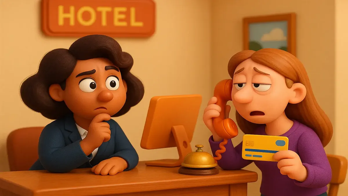 Cartoon-3D woman on the phone, puzzled by a virtual credit card while booking a hotel room.