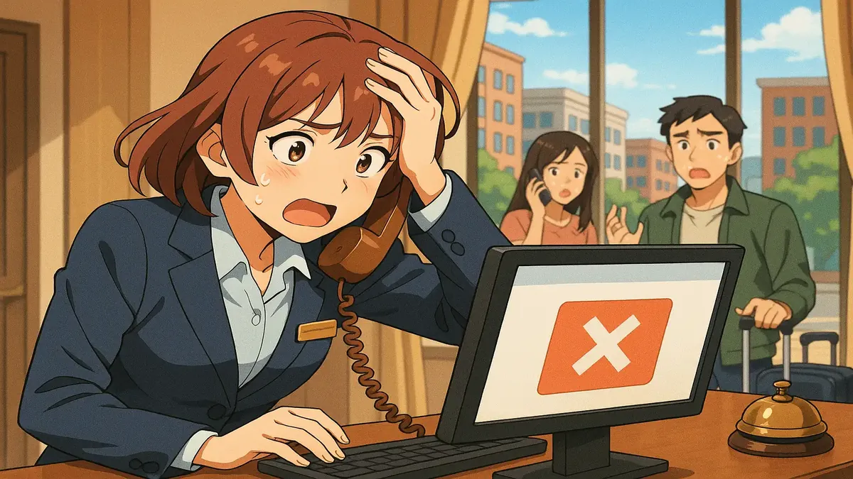 Anime-style illustration of a boutique hotel staff dealing with a booking engine crash, capturing customer service chaos.
