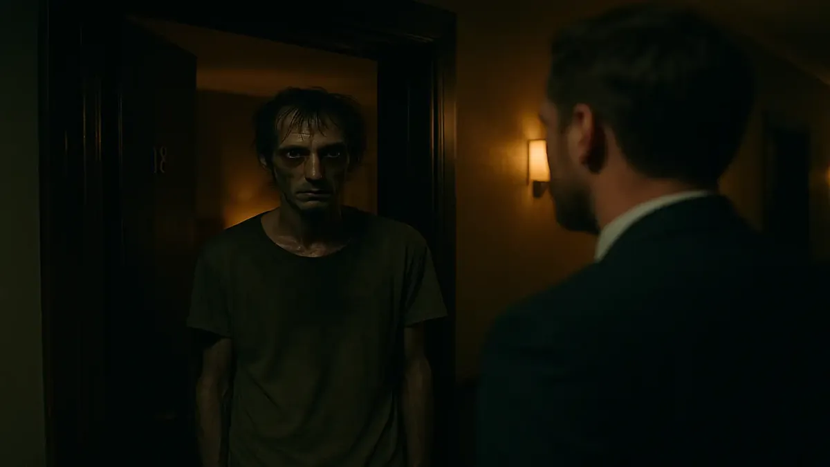 Disturbing hotel guest encounter, cinematic style, capturing tension and unease at the front desk.