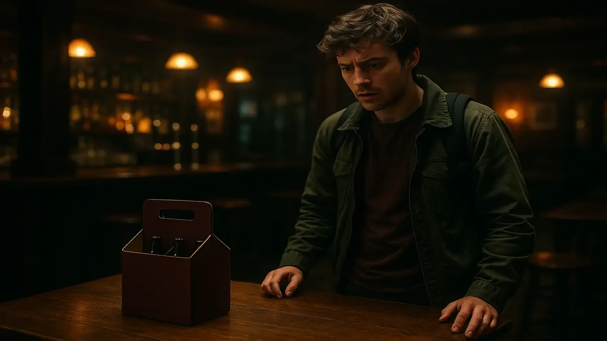 Cinematic scene of a bar with missing drinks, reflecting a student union's lively atmosphere.