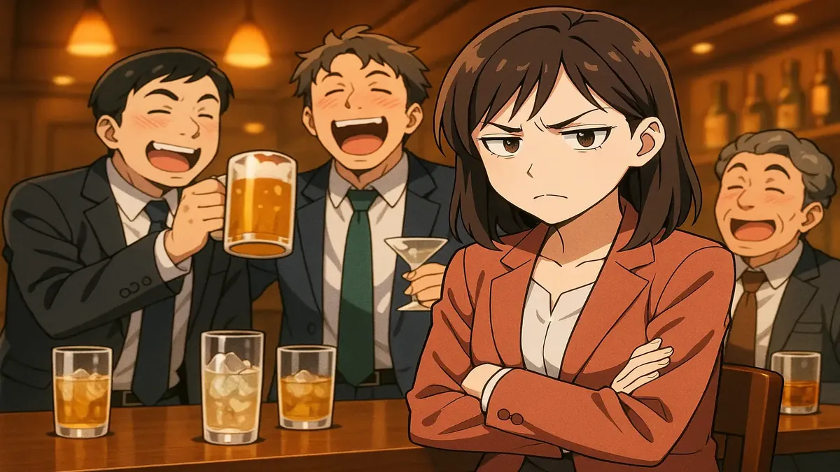Group of wealthy individuals drinking at a bar, depicted in vibrant anime style, embodying nightlife chaos.
