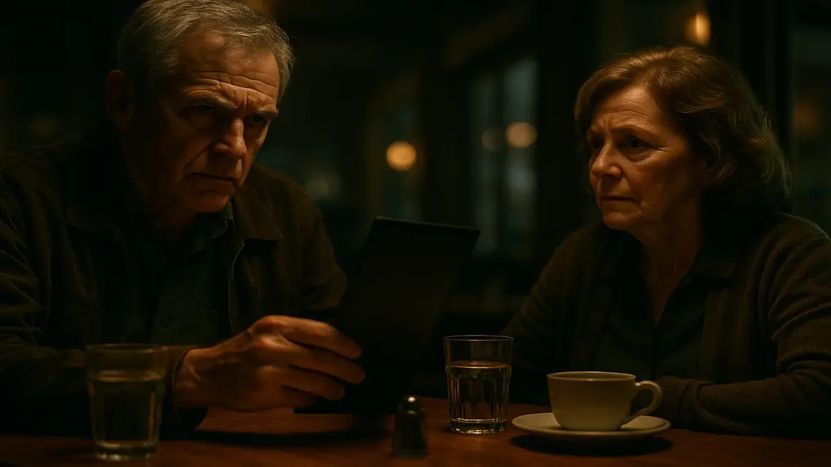 A cinematic scene of a couple dining at a restaurant, highlighting themes of revenge and separate checks.