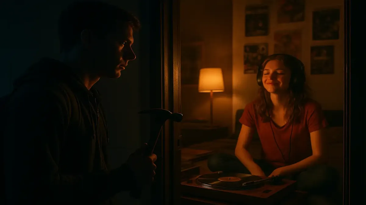 A cinematic scene of a college dorm room with loud music disrupting a student studying at night.