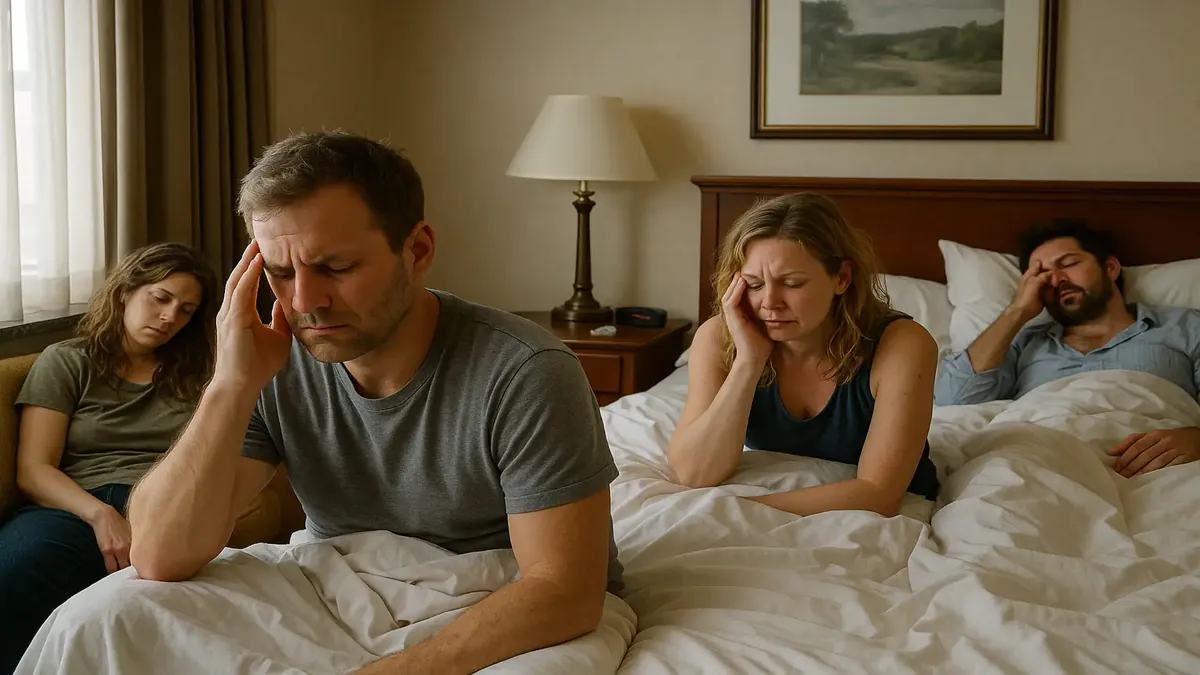 Family gathering at a hotel after a funeral, sharing memories and support during a difficult time.