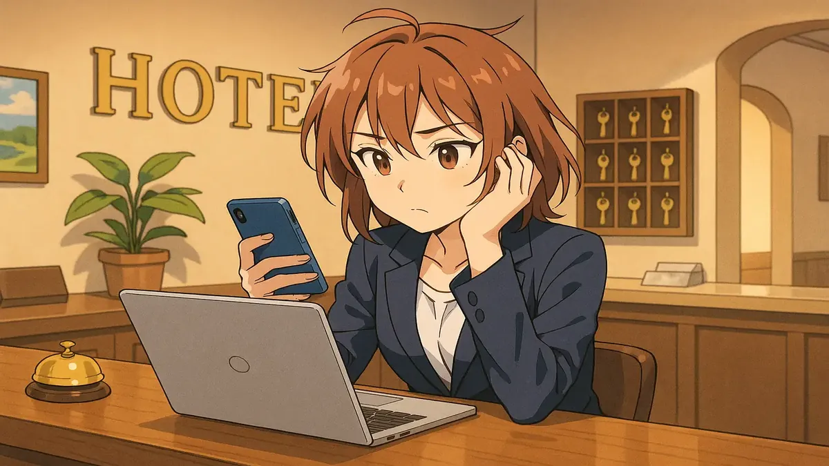 Anime-style illustration of a frustrated hotel front desk worker conducting market research at night.