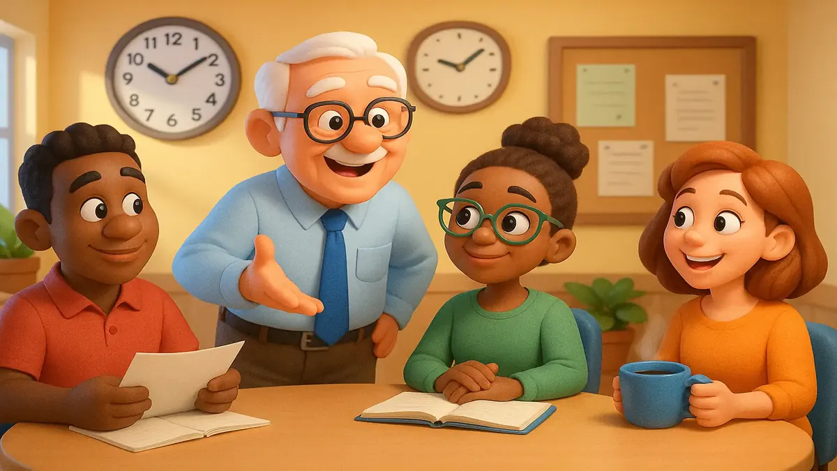 Colorful cartoon-3D illustration of a morning meeting in an elder care facility, highlighting compliance and teamwork.