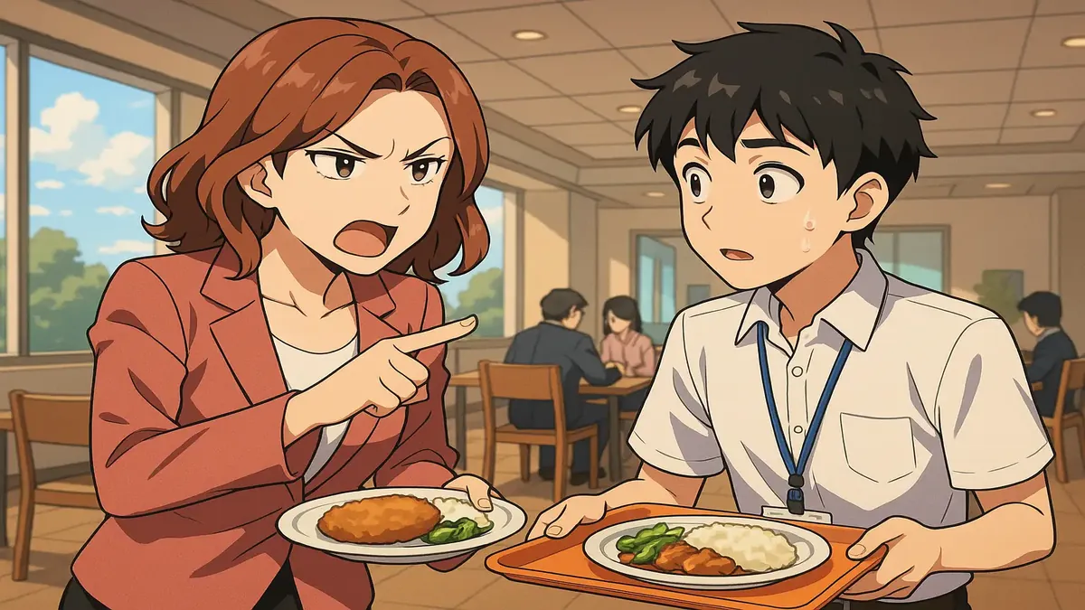 Anime illustration of a chaotic office scene depicting nepotism in marketing management.