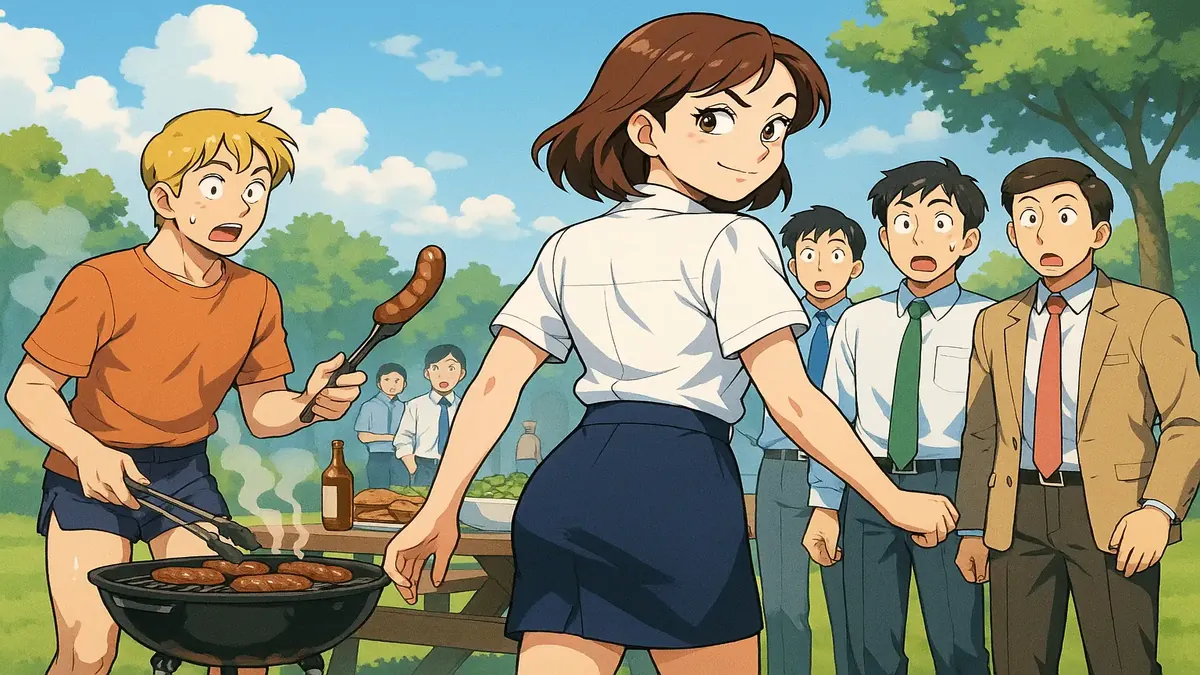 Anime illustration of a company BBQ scene with employees in casual attire, highlighting dress code changes.