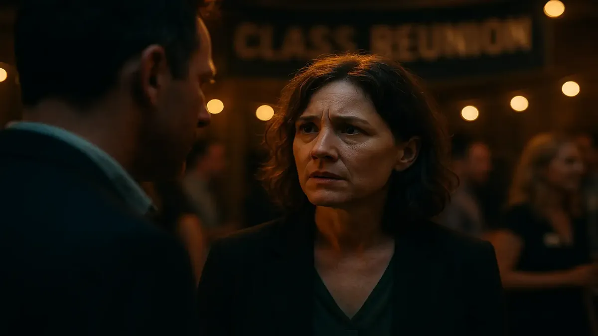 High school reunion gathering with friends reminiscing, capturing nostalgia and connection in a cinematic style.