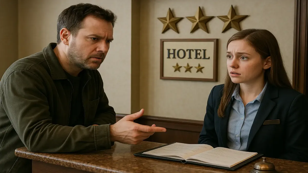 Independent hotel reception with staff addressing guest concerns, highlighting customer service challenges.